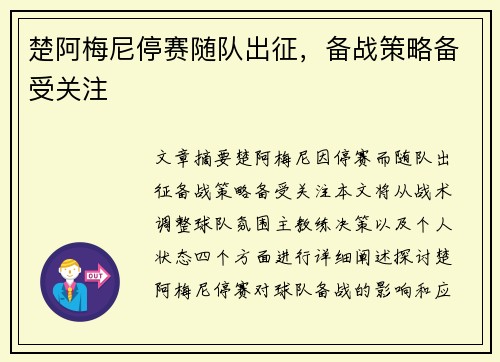 楚阿梅尼停赛随队出征，备战策略备受关注